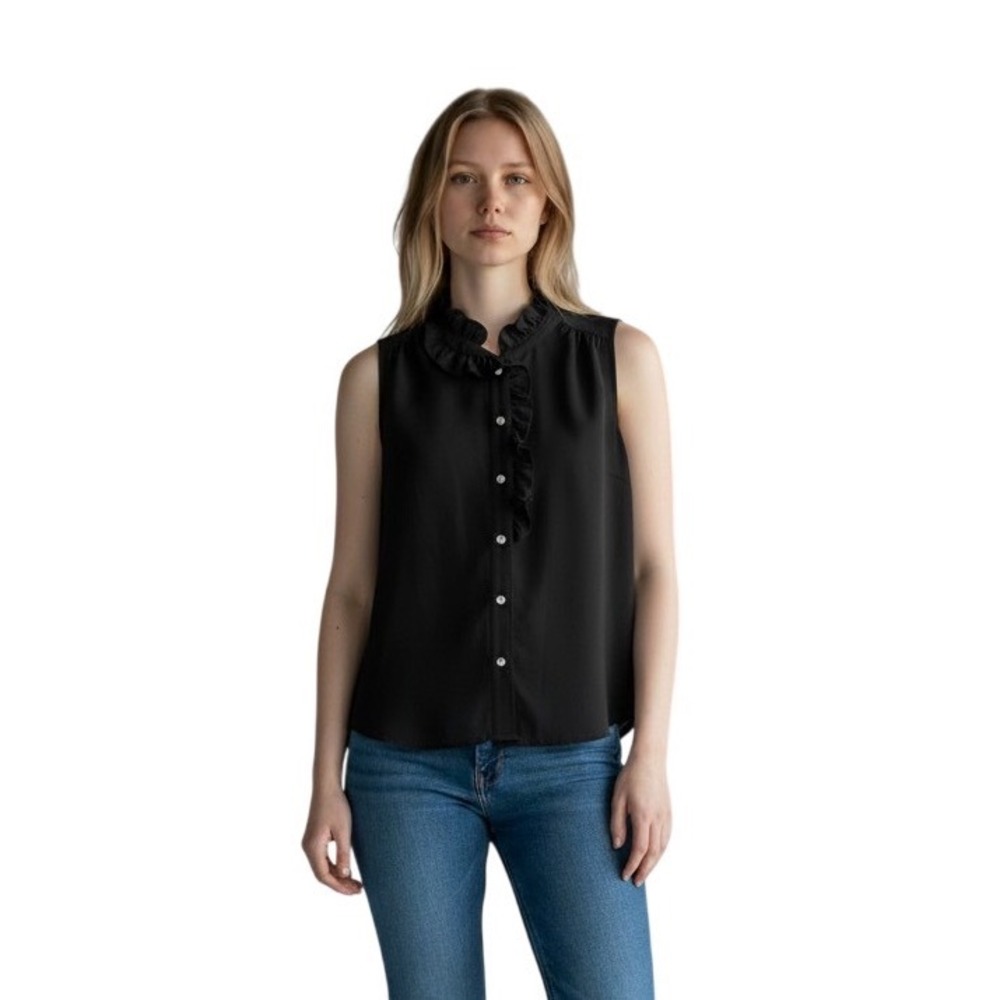 Anne Klein Womens Black Ruffle Neck Sleeveless Button Front Blouse Top XS